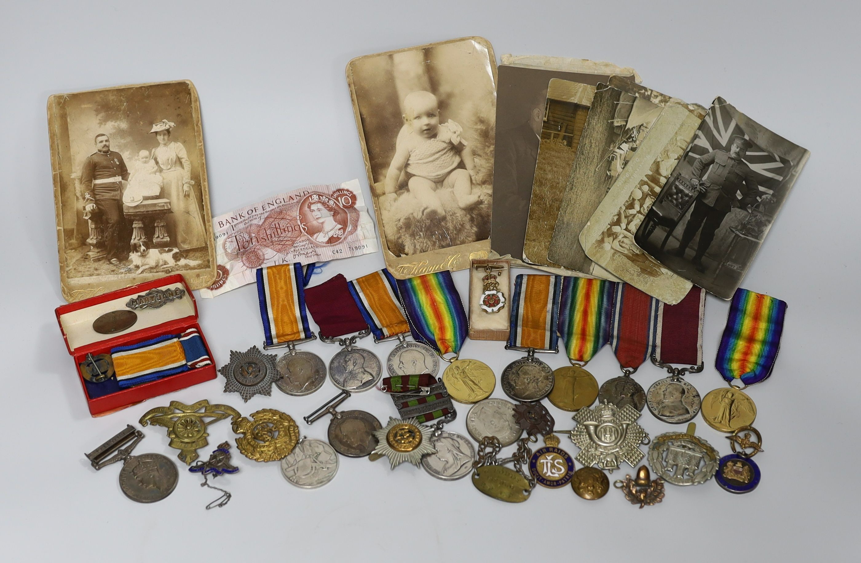 An India campaign medal and a long service and good conduct medal both awarded to 4838 PTE W.J. MORRIS 2D BN RYL SUSS REGT, a British war medal awarded to 34910 PTE. W. T. MORRIS. BEDF. R. a Palestine general service med